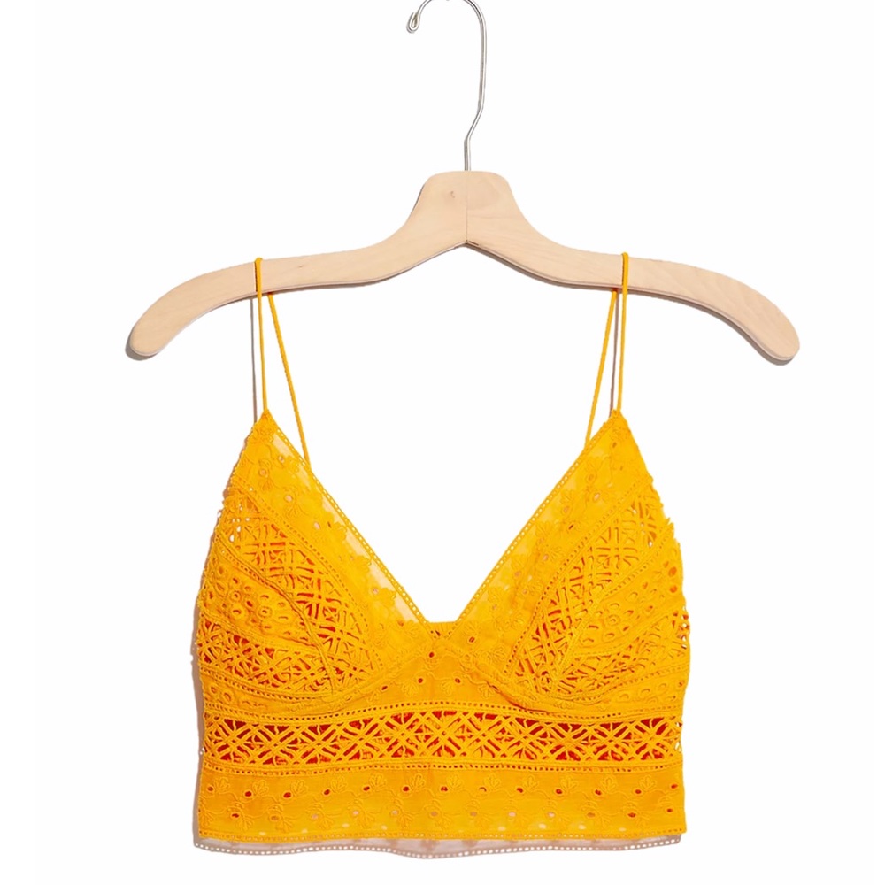 FREE PEOPLE Carina Bralette Eyelet Smocking Mango Gold NWT